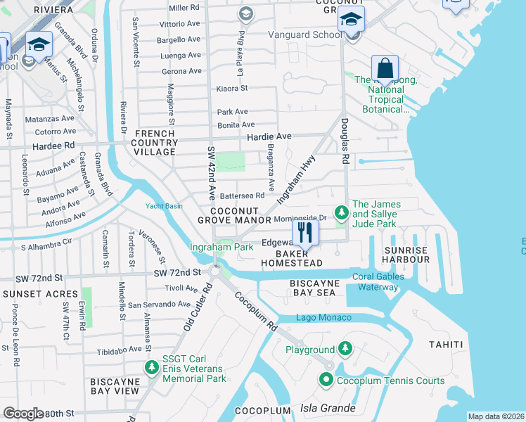 map of restaurants, bars, coffee shops, grocery stores, and more near 175 Morningside Drive in Coral Gables