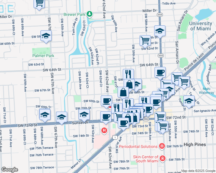 map of restaurants, bars, coffee shops, grocery stores, and more near in South Miami