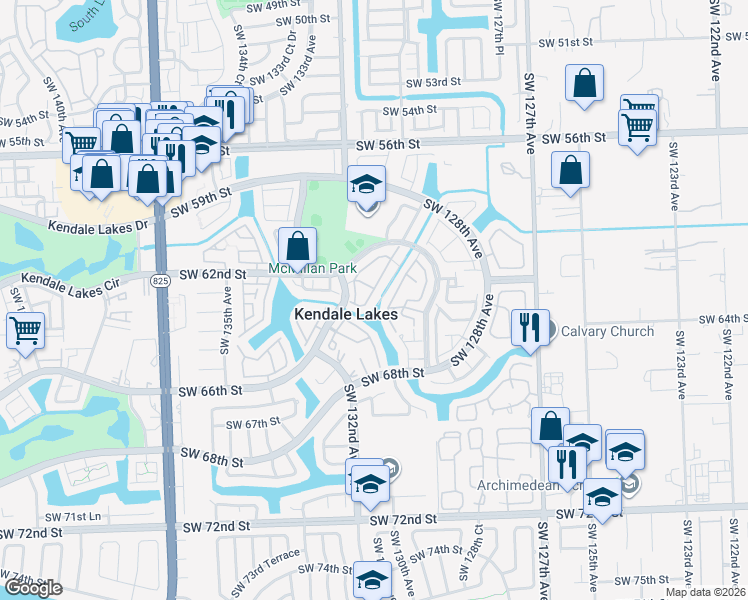 map of restaurants, bars, coffee shops, grocery stores, and more near 6221 Southwest 131st Court in Miami
