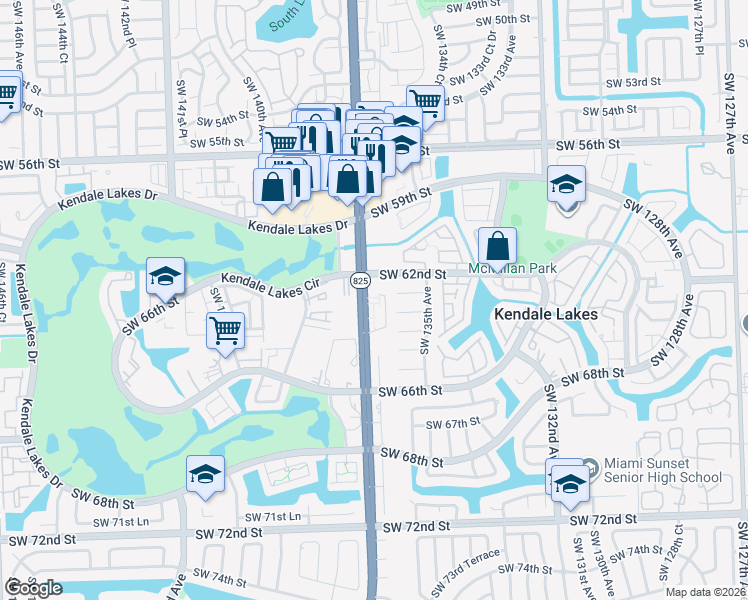 map of restaurants, bars, coffee shops, grocery stores, and more near 6256 Southwest 136th Court in Miami