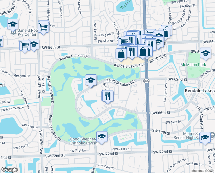map of restaurants, bars, coffee shops, grocery stores, and more near 6288 Southwest 139th Avenue in Miami