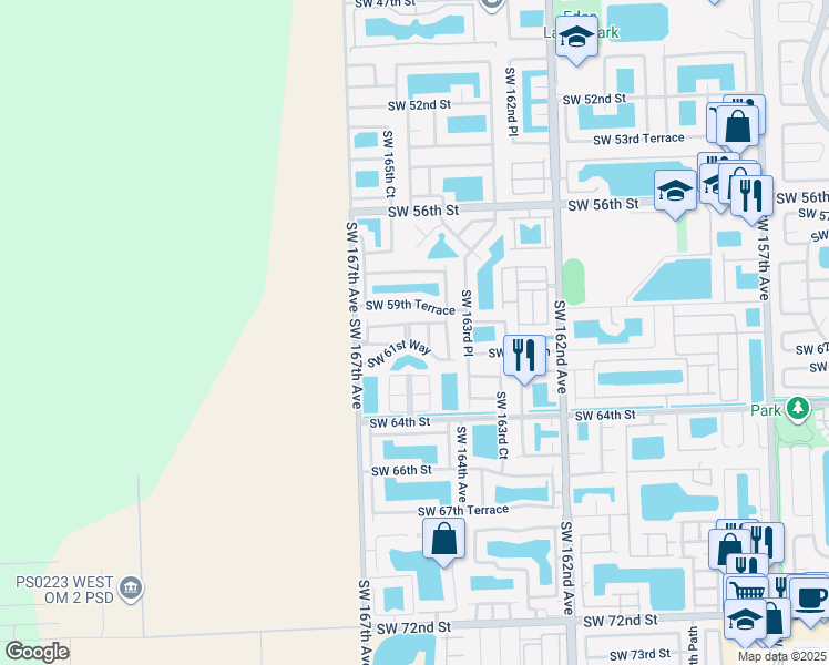 map of restaurants, bars, coffee shops, grocery stores, and more near 6103 Southwest 164th Place in Miami