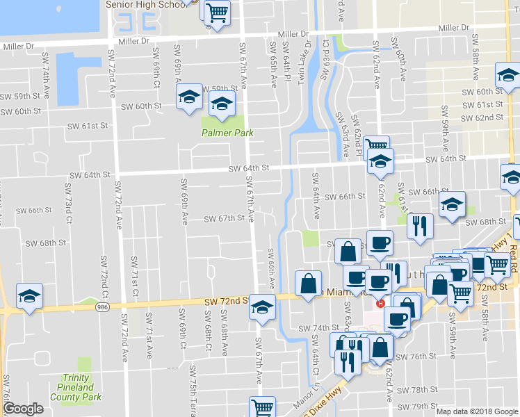 map of restaurants, bars, coffee shops, grocery stores, and more near 6600 Acacia Court in South Miami