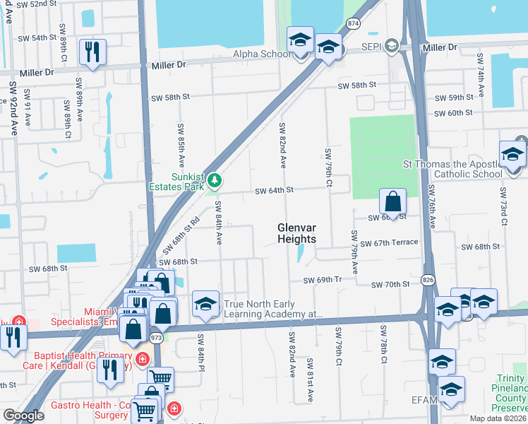map of restaurants, bars, coffee shops, grocery stores, and more near 6500 Southwest 82nd Avenue in Miami