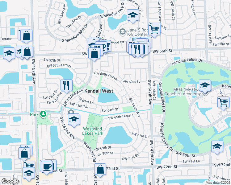 map of restaurants, bars, coffee shops, grocery stores, and more near 14931 Southwest 60th Street in Miami