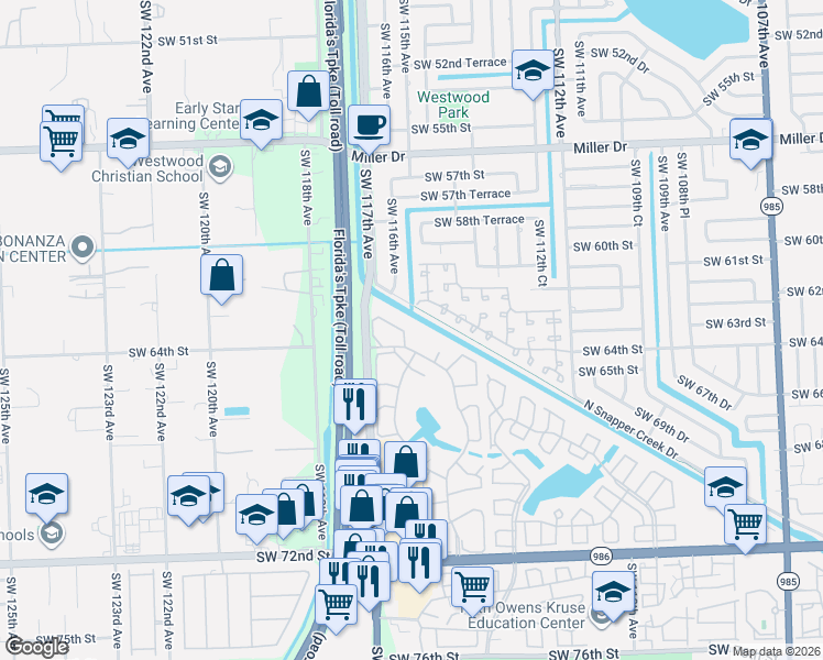 map of restaurants, bars, coffee shops, grocery stores, and more near 11561 Southwest 64th Street in Miami