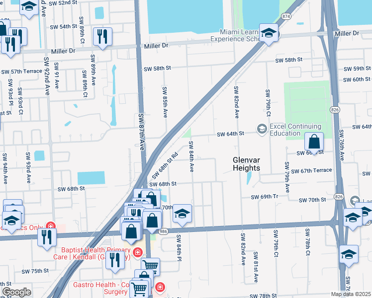 map of restaurants, bars, coffee shops, grocery stores, and more near 8420 Southwest 68th Street Road in Miami