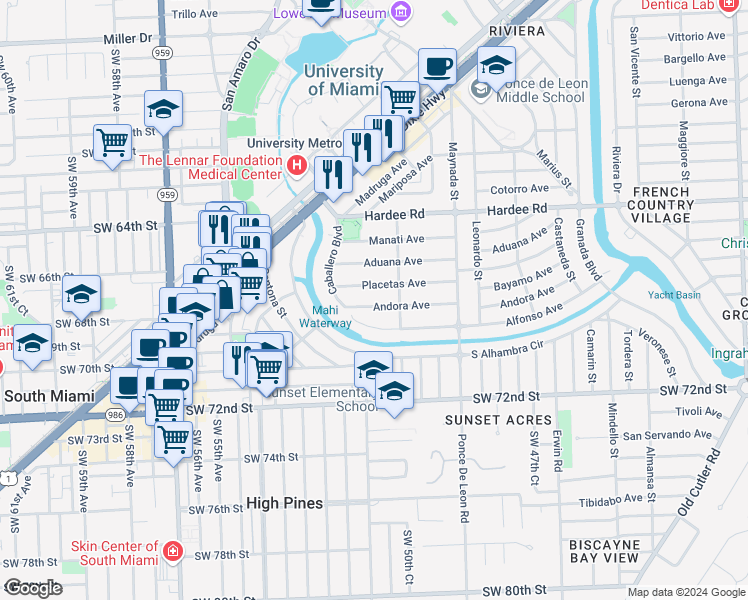 map of restaurants, bars, coffee shops, grocery stores, and more near 1217 Andora Avenue in Coral Gables