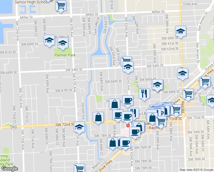 map of restaurants, bars, coffee shops, grocery stores, and more near 6620 Southwest 63rd Court in Miami