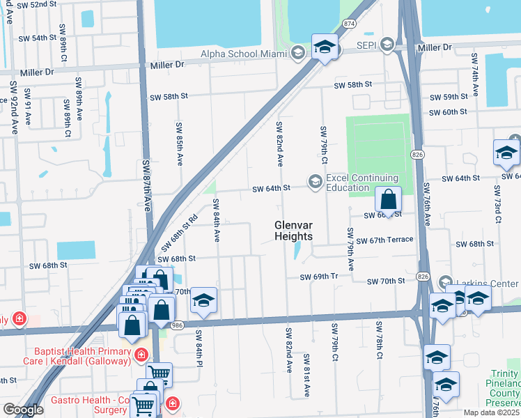map of restaurants, bars, coffee shops, grocery stores, and more near 6500 Southwest 82nd Avenue in Miami
