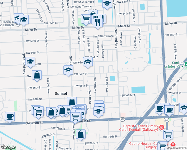 map of restaurants, bars, coffee shops, grocery stores, and more near 6432 Southwest 93rd Place in Miami