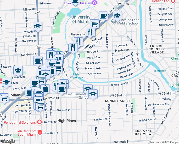 map of restaurants, bars, coffee shops, grocery stores, and more near 1220 Andora Avenue in Coral Gables