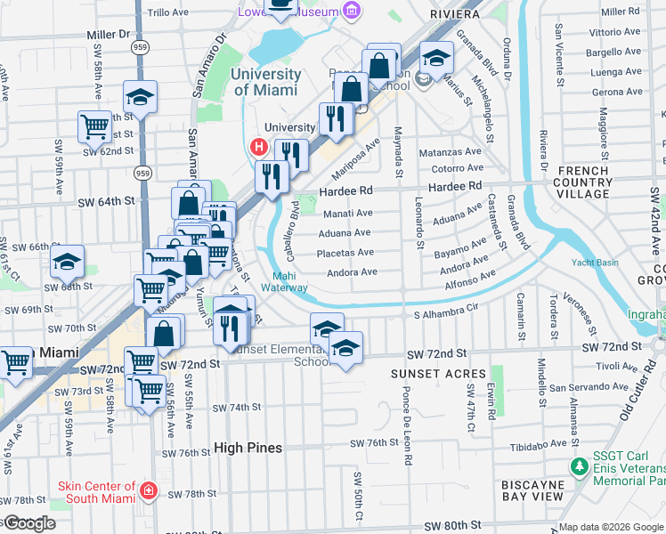 map of restaurants, bars, coffee shops, grocery stores, and more near 1220 Andora Avenue in Coral Gables