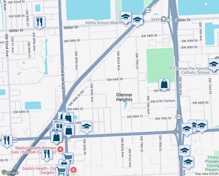 map of restaurants, bars, coffee shops, grocery stores, and more near 6500 Southwest 82nd Avenue in Miami