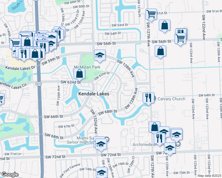 map of restaurants, bars, coffee shops, grocery stores, and more near 6270 Southwest 129th Place in Miami
