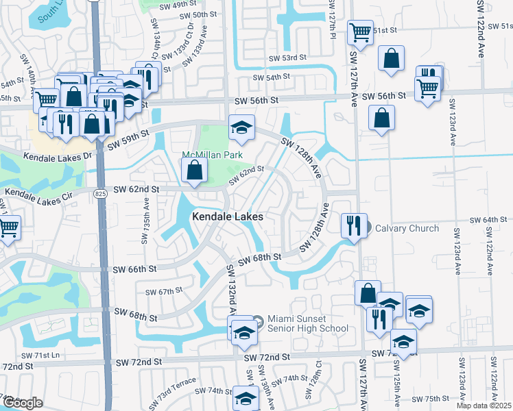 map of restaurants, bars, coffee shops, grocery stores, and more near 6270 Southwest 129th Place in Miami