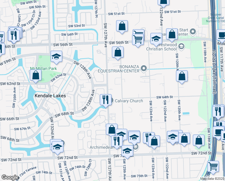 map of restaurants, bars, coffee shops, grocery stores, and more near 6225 Southwest 127th Avenue in Miami