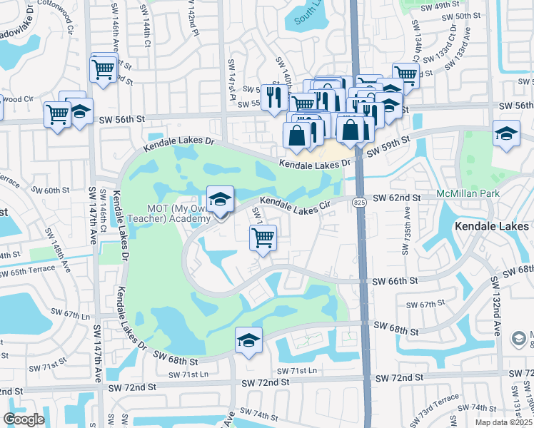 map of restaurants, bars, coffee shops, grocery stores, and more near 6288 Southwest 139th Avenue in Miami