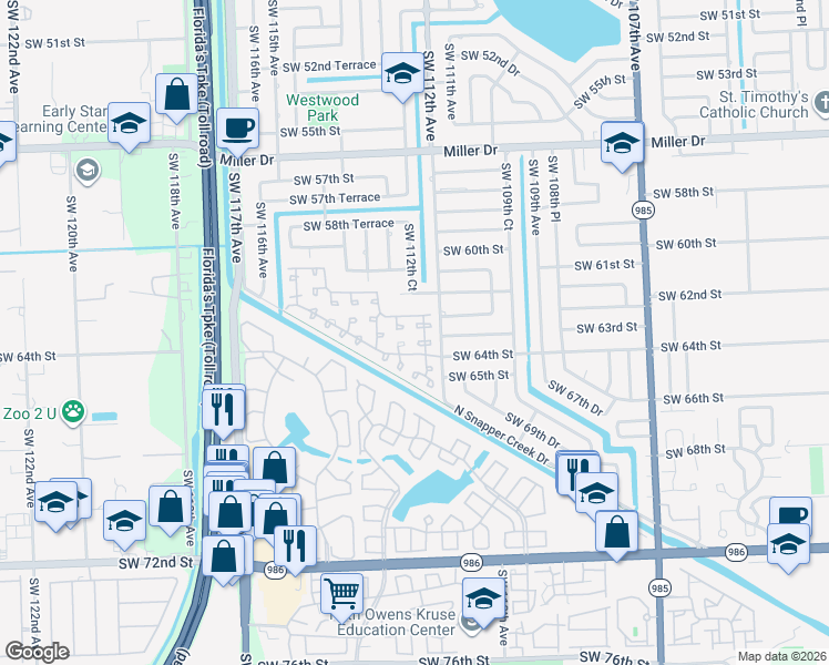map of restaurants, bars, coffee shops, grocery stores, and more near 6341 Southwest 112th Place in Miami