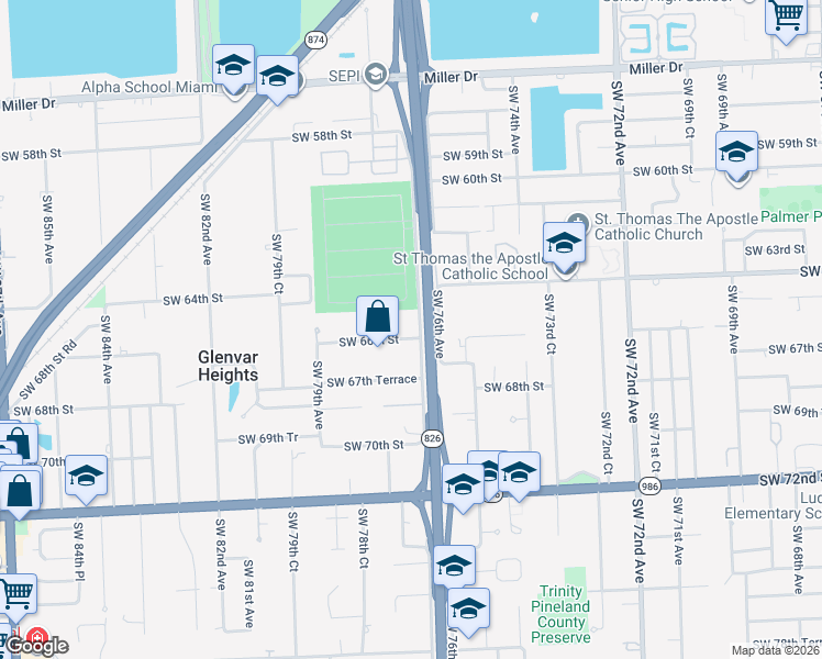 map of restaurants, bars, coffee shops, grocery stores, and more near 7730 Southwest 66th Street in South Miami