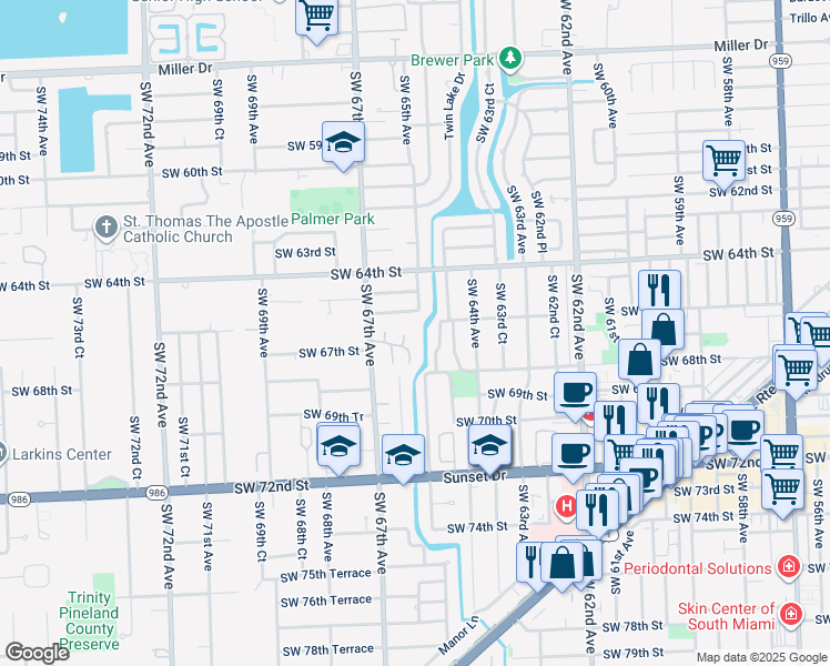 map of restaurants, bars, coffee shops, grocery stores, and more near 6666 Southwest 64th Place in South Miami