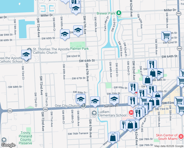 map of restaurants, bars, coffee shops, grocery stores, and more near 3555 Magnolia Court in Miami