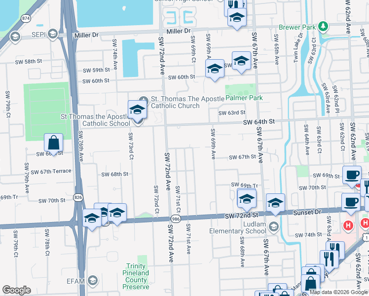 map of restaurants, bars, coffee shops, grocery stores, and more near 7100 Southwest 66th Street in Miami
