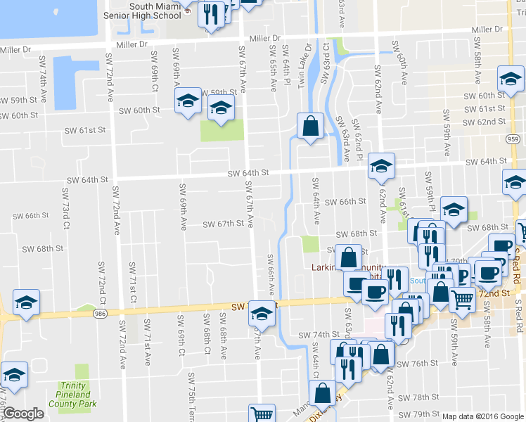 map of restaurants, bars, coffee shops, grocery stores, and more near 6600-6698 Acacia Court in South Miami