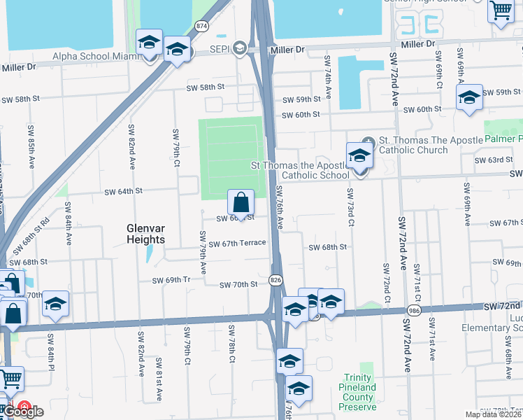 map of restaurants, bars, coffee shops, grocery stores, and more near 7730 Southwest 66th Street in South Miami