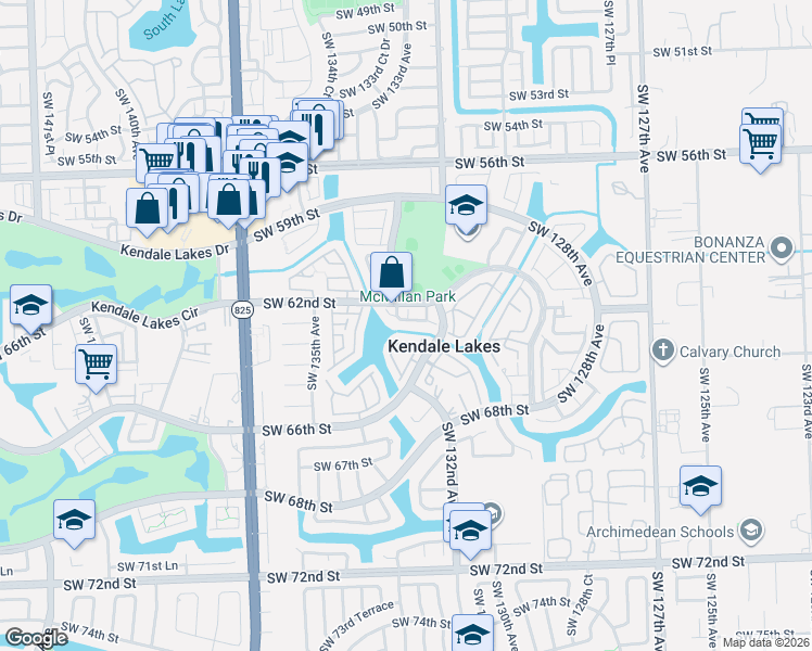 map of restaurants, bars, coffee shops, grocery stores, and more near 6451 Southwest 132nd Court Circle in Miami
