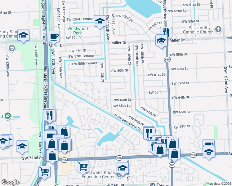 map of restaurants, bars, coffee shops, grocery stores, and more near 11190 Southwest 63rd Terrace in Miami