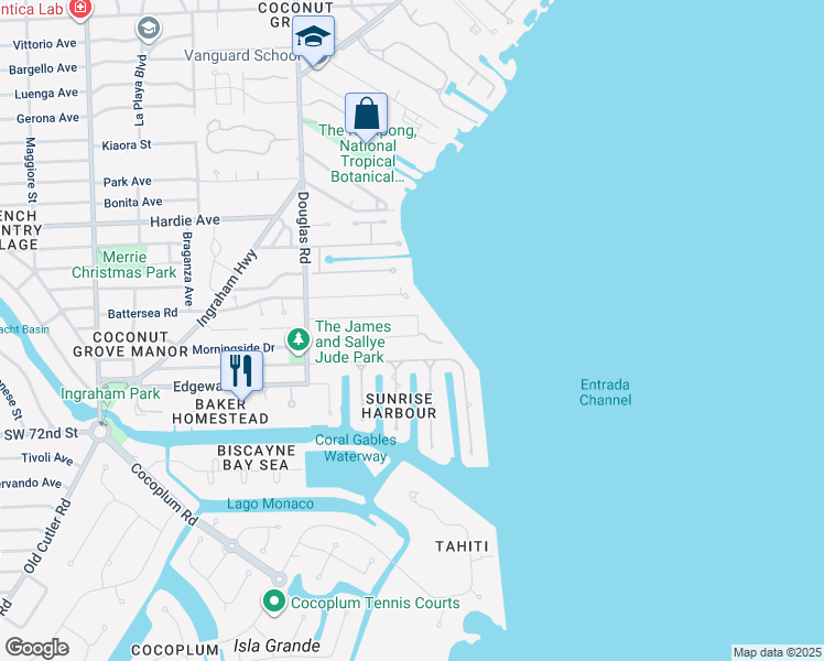 map of restaurants, bars, coffee shops, grocery stores, and more near 140 South Prospect Drive in Coral Gables