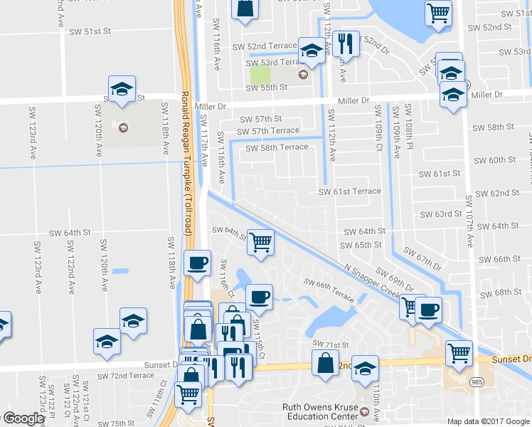 map of restaurants, bars, coffee shops, grocery stores, and more near 6401 Southwest 114th Court in Miami