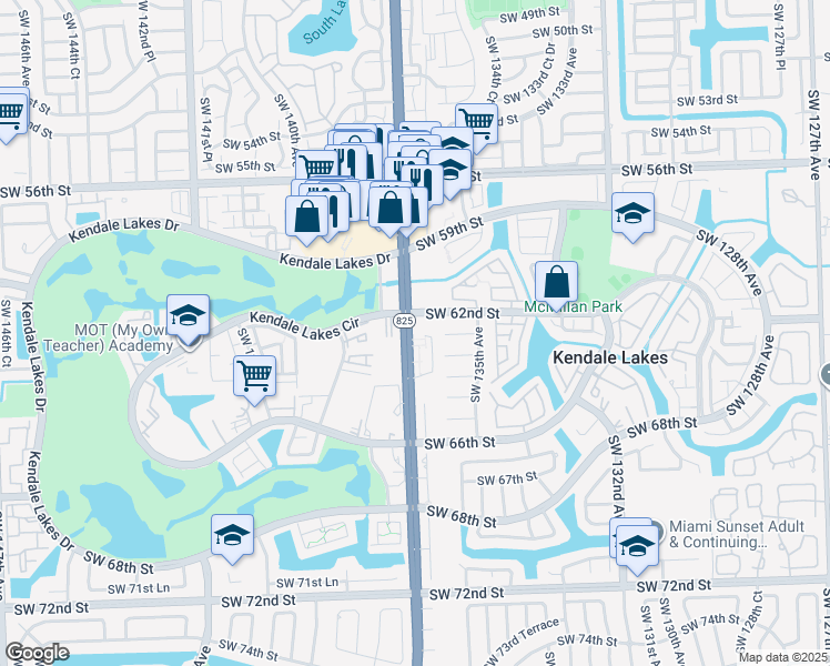 map of restaurants, bars, coffee shops, grocery stores, and more near 6256 Southwest 136th Court in Miami