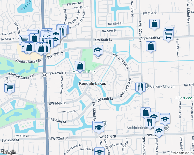 map of restaurants, bars, coffee shops, grocery stores, and more near 6221 Southwest 131st Court in Miami