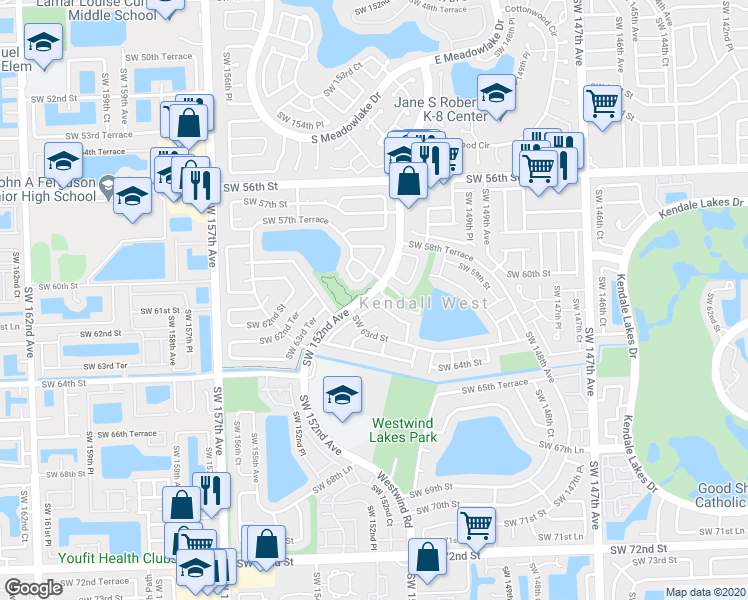 map of restaurants, bars, coffee shops, grocery stores, and more near 6200 Southwest 151st Place in Miami