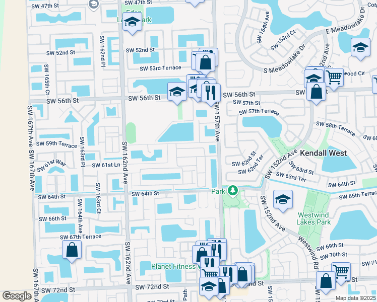 map of restaurants, bars, coffee shops, grocery stores, and more near 15834 Southwest 60th Terrace in Miami