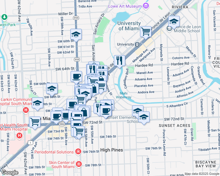 map of restaurants, bars, coffee shops, grocery stores, and more near 6580 Santona Street in Coral Gables