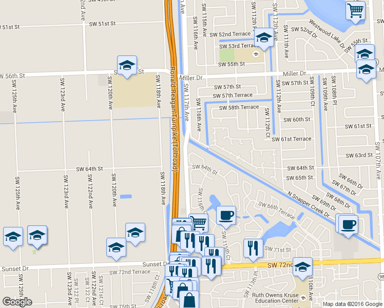 map of restaurants, bars, coffee shops, grocery stores, and more near 6303 Southwest 116th Place in Miami