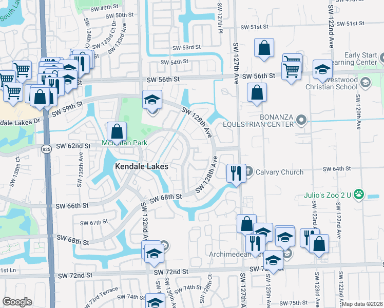 map of restaurants, bars, coffee shops, grocery stores, and more near 12901 Southwest 64th Lane in Miami