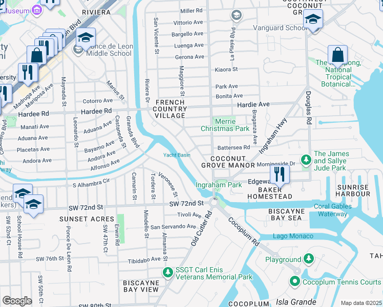 map of restaurants, bars, coffee shops, grocery stores, and more near 6601 Riviera Drive in Coral Gables