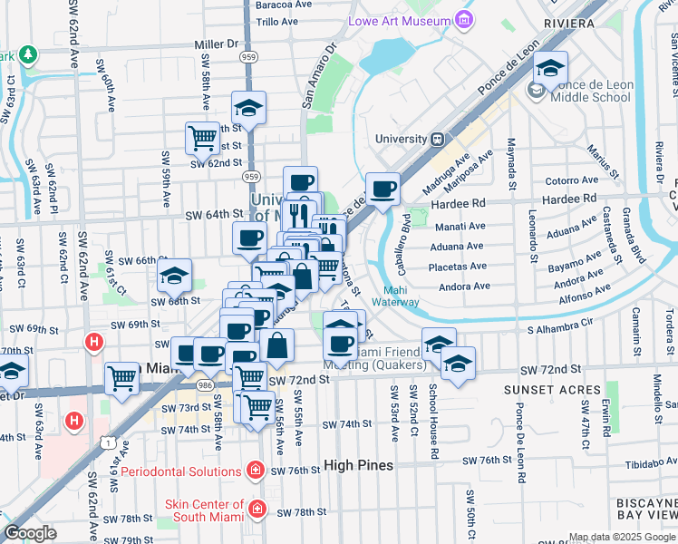 map of restaurants, bars, coffee shops, grocery stores, and more near 6580 Santona Street in Coral Gables