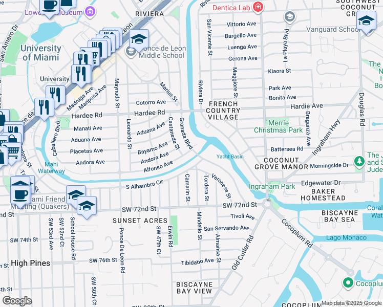 map of restaurants, bars, coffee shops, grocery stores, and more near 702 South Alhambra Circle in Coral Gables