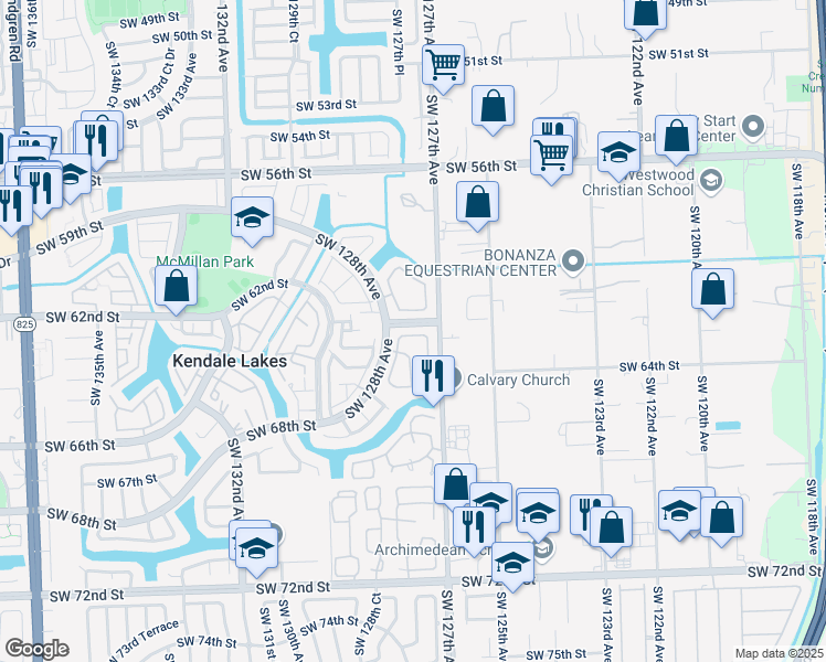 map of restaurants, bars, coffee shops, grocery stores, and more near 6245 Southwest 127th Place in Miami