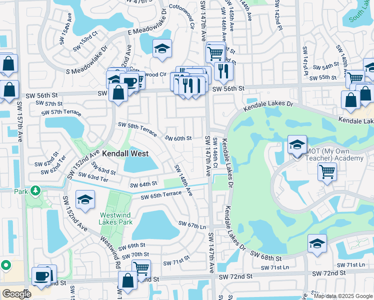 map of restaurants, bars, coffee shops, grocery stores, and more near 6201 Southwest 147th Place Circle in Miami