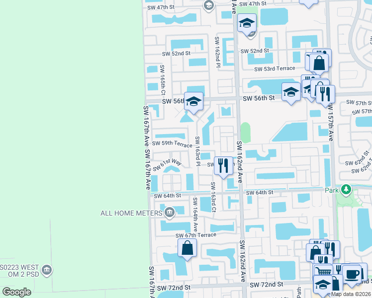map of restaurants, bars, coffee shops, grocery stores, and more near 6103 Southwest 164th Place in Miami
