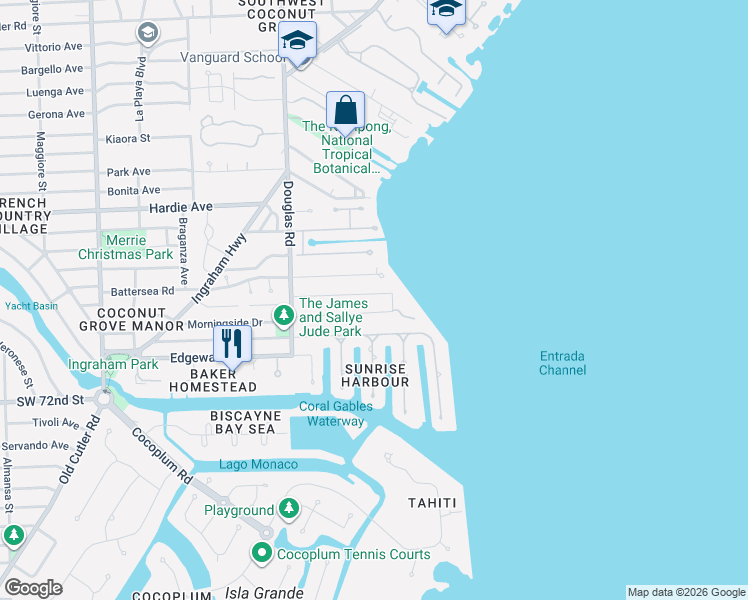 map of restaurants, bars, coffee shops, grocery stores, and more near 140 South Prospect Drive in Coral Gables