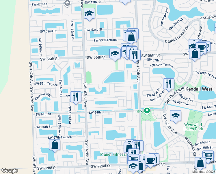 map of restaurants, bars, coffee shops, grocery stores, and more near 6012 Southwest 159th Court in Miami