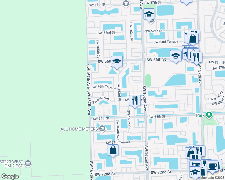 map of restaurants, bars, coffee shops, grocery stores, and more near 6103 Southwest 164th Place in Miami