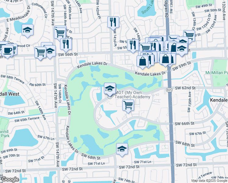 map of restaurants, bars, coffee shops, grocery stores, and more near 14105 Southwest 62nd Street in Miami